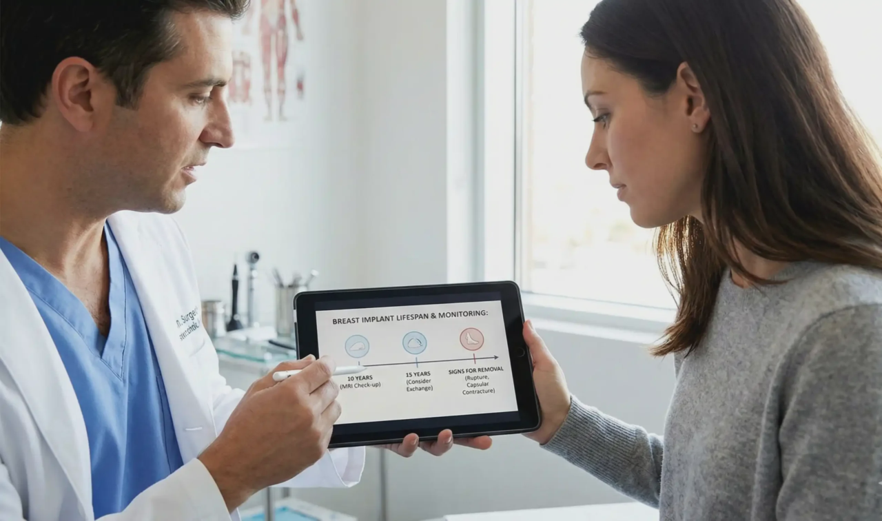 surgeon showing implant lifespan timeline on tablet