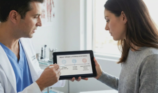 surgeon showing implant lifespan timeline on tablet