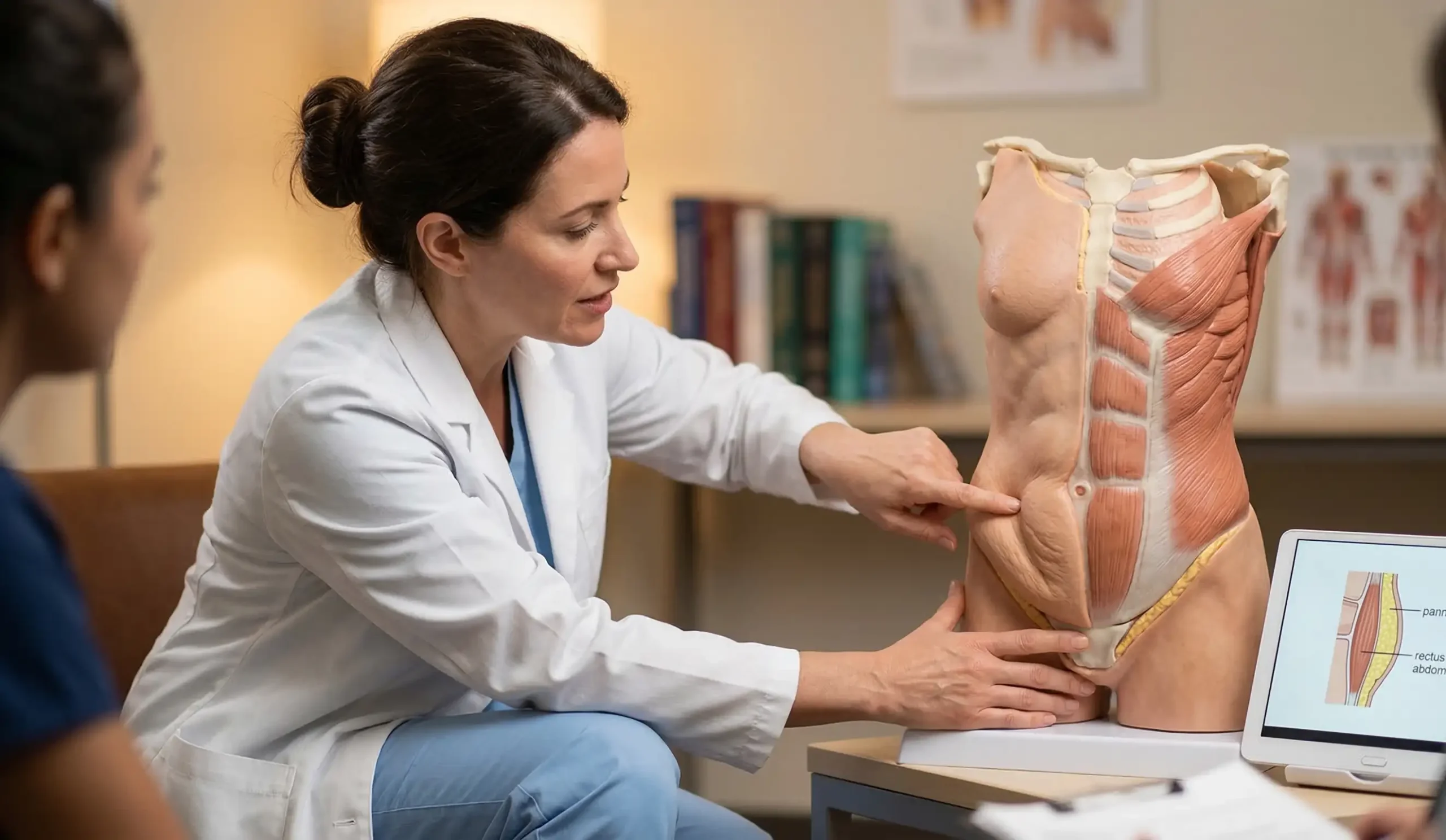 doctor pointing to panniculus anatomical model