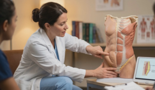 doctor pointing to panniculus anatomical model