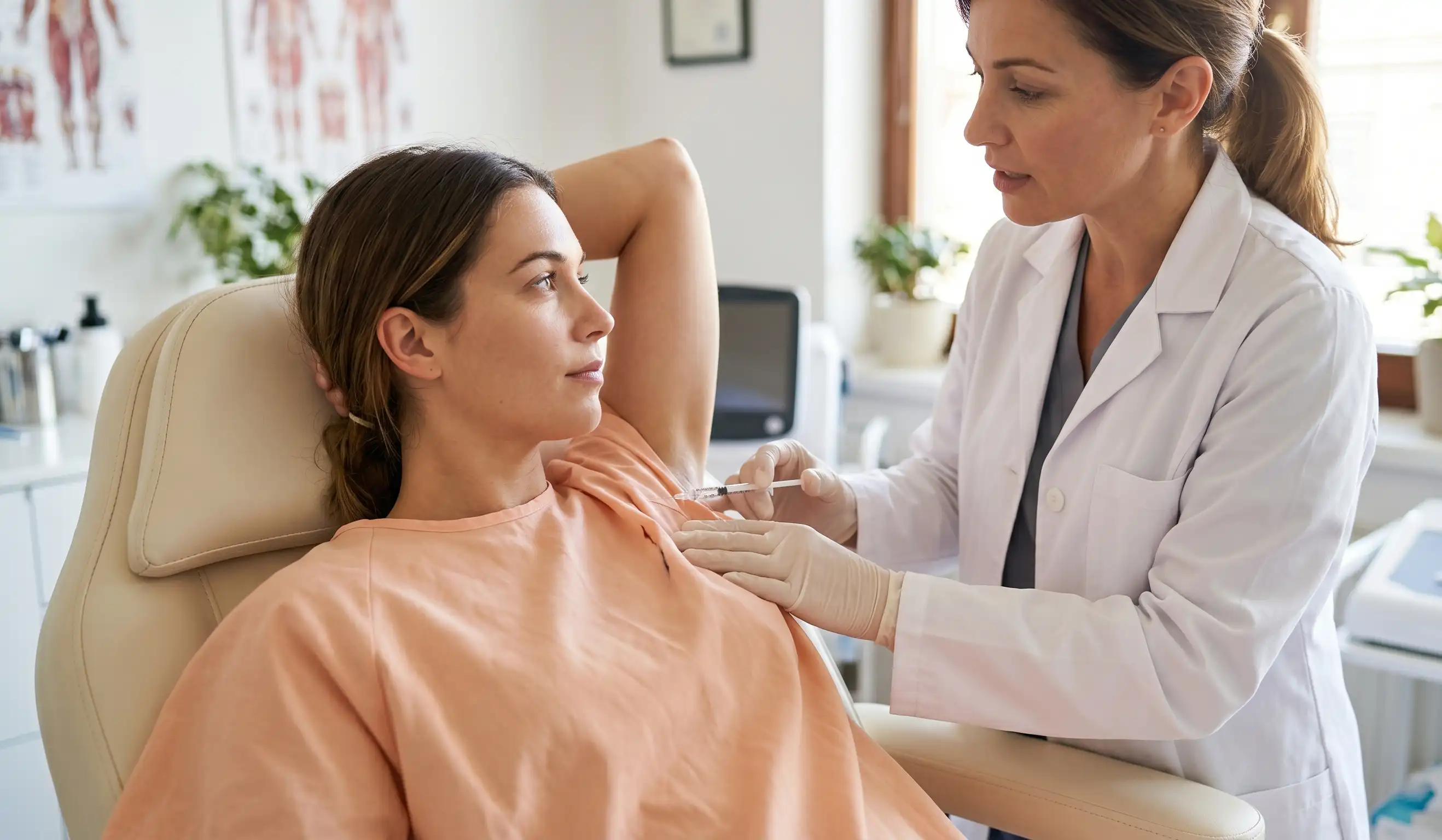 doctor performing botox injection in patients underarm
