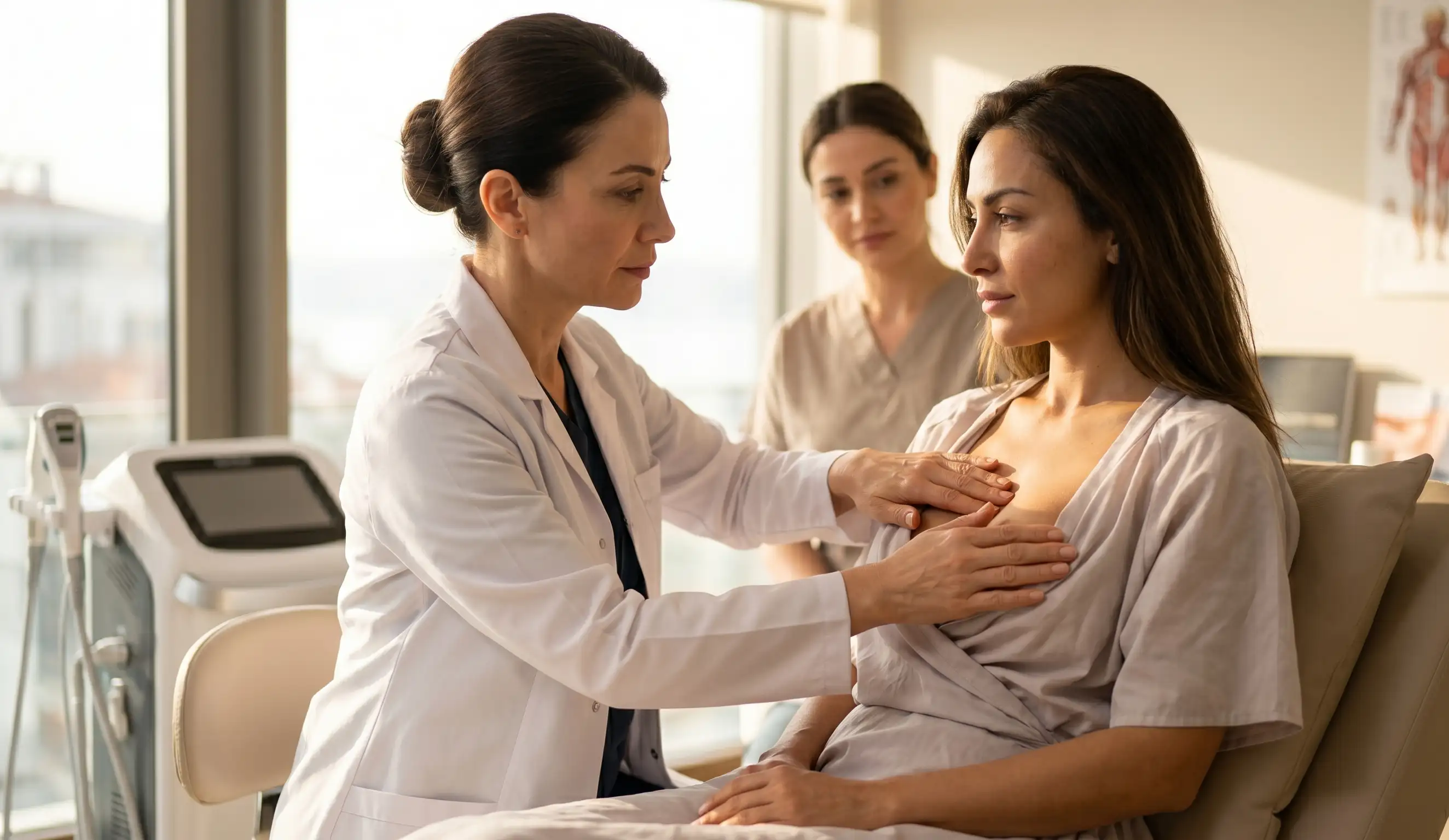 surgeon gently palpating patient breast tissue