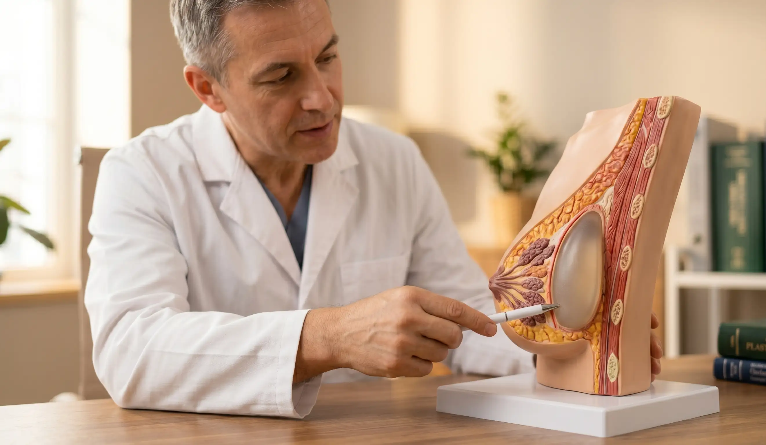 medical illustration pointing to breast implant anatomy