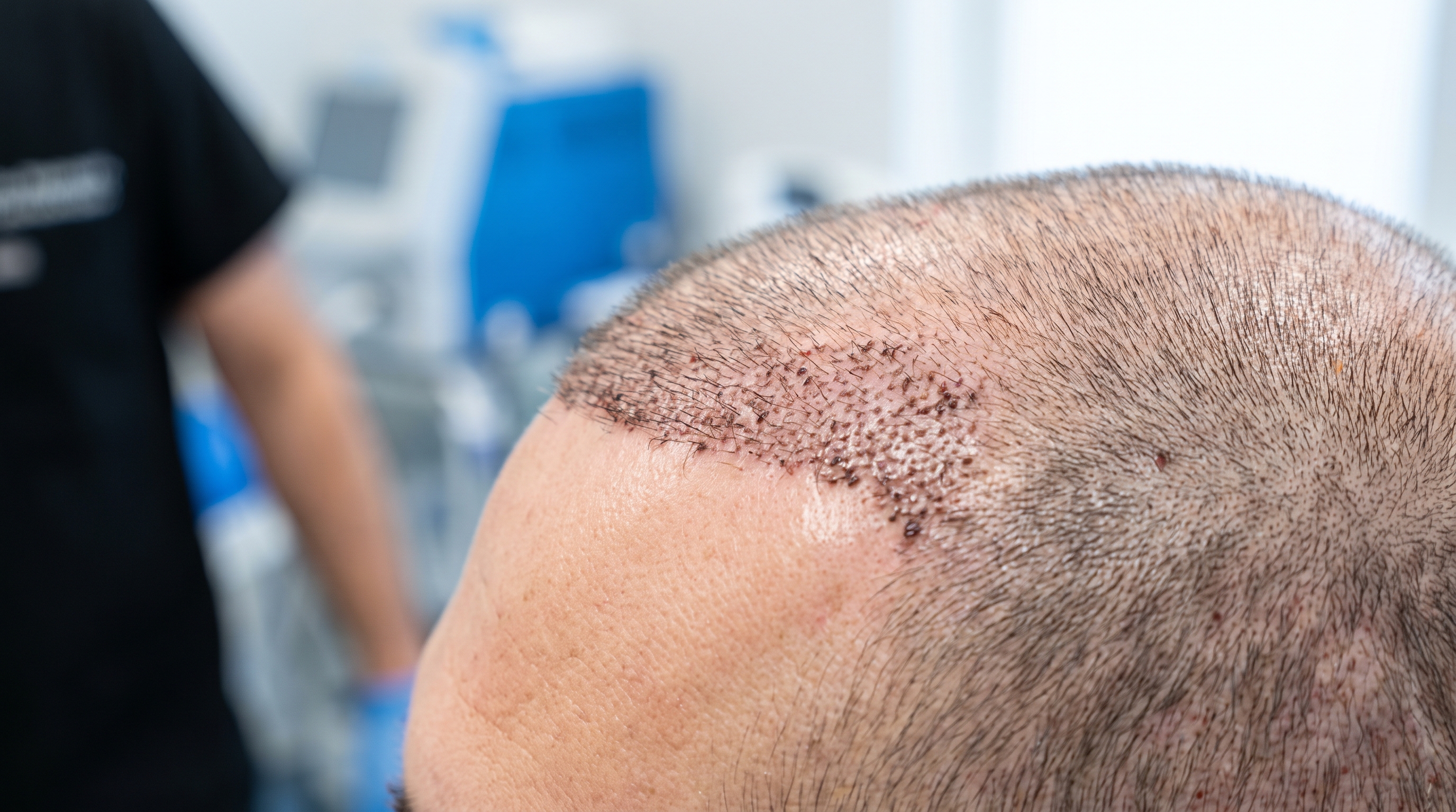 Close-up of hair follicles and scalp, showing the structure preserved for transplantation.