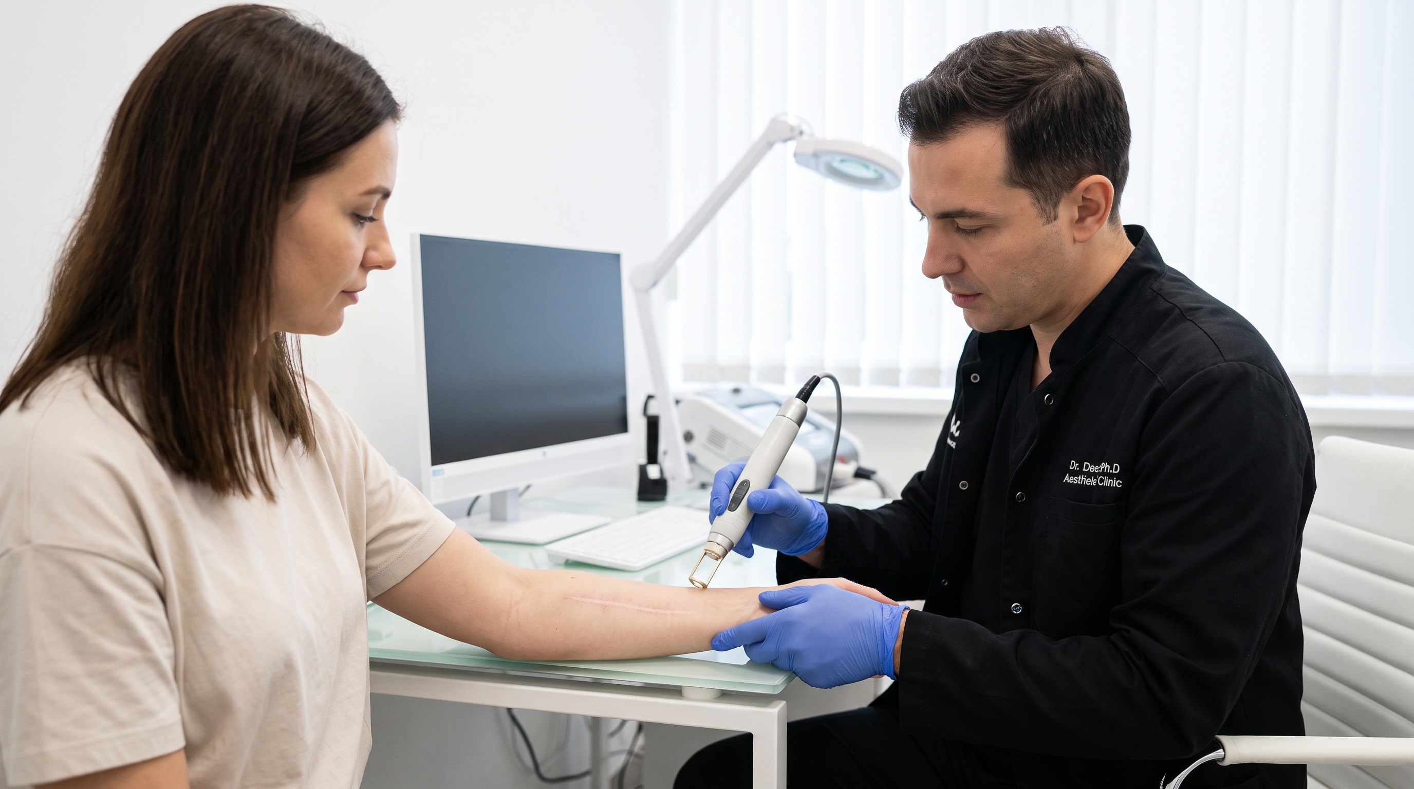 Laser treatment on a surgical scar, showing the creation of micro-channels for enhanced drug delivery.