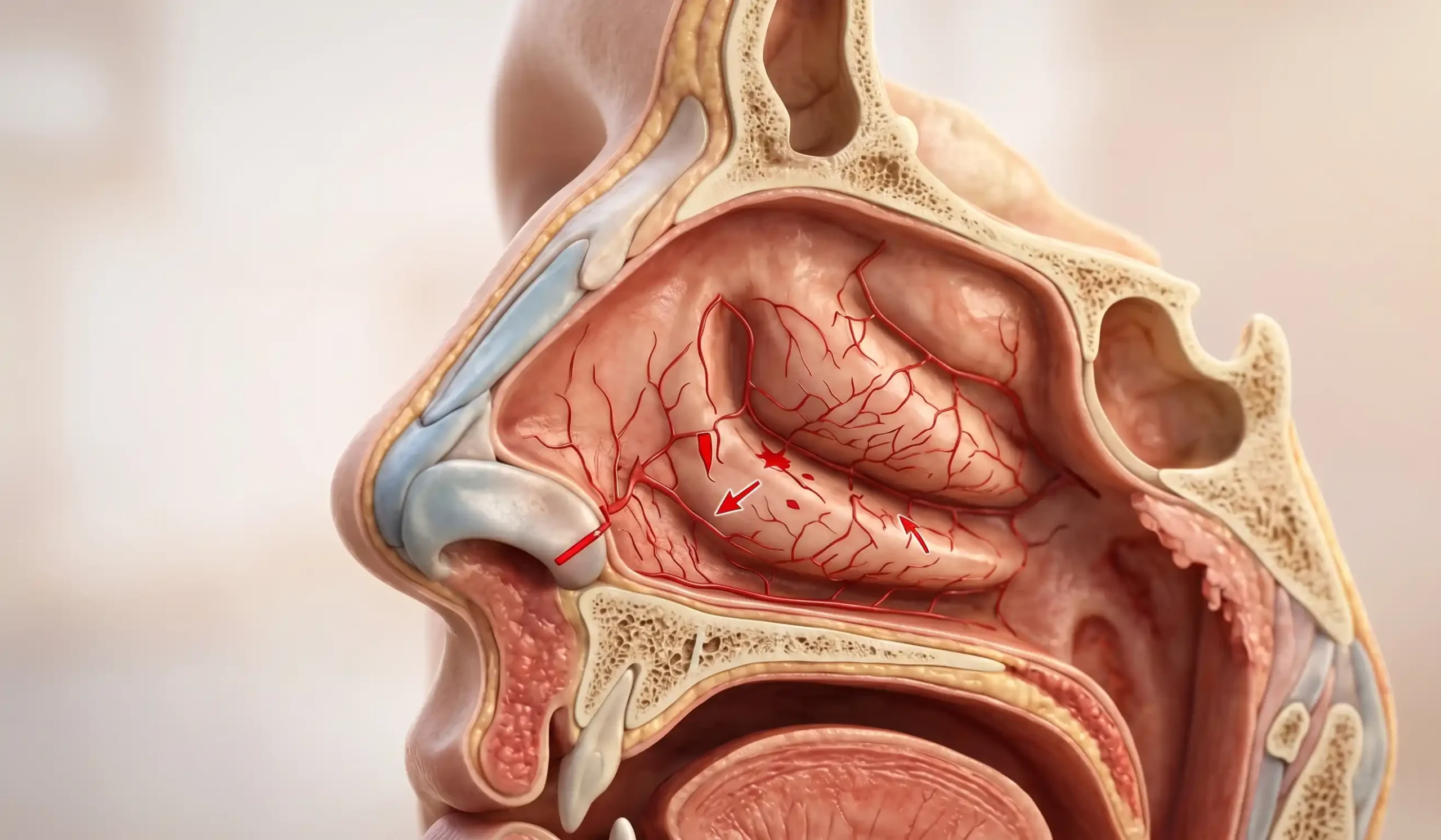 realistic 3d model showing nasal structure after rhinoplasty and bleeding points