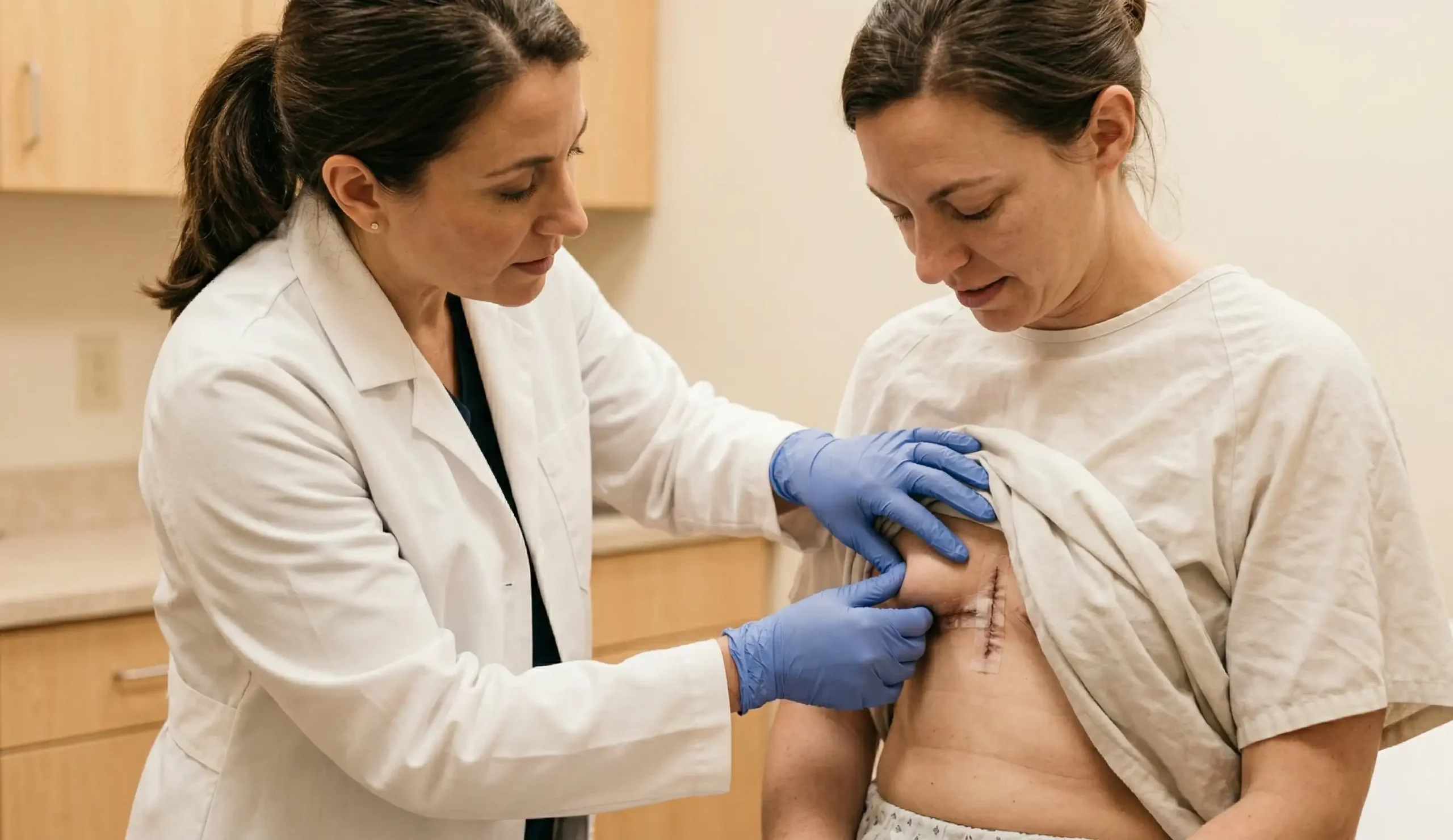 surgeon examining breast surgery patient t junction