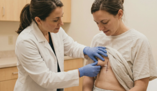 surgeon examining breast surgery patient t junction