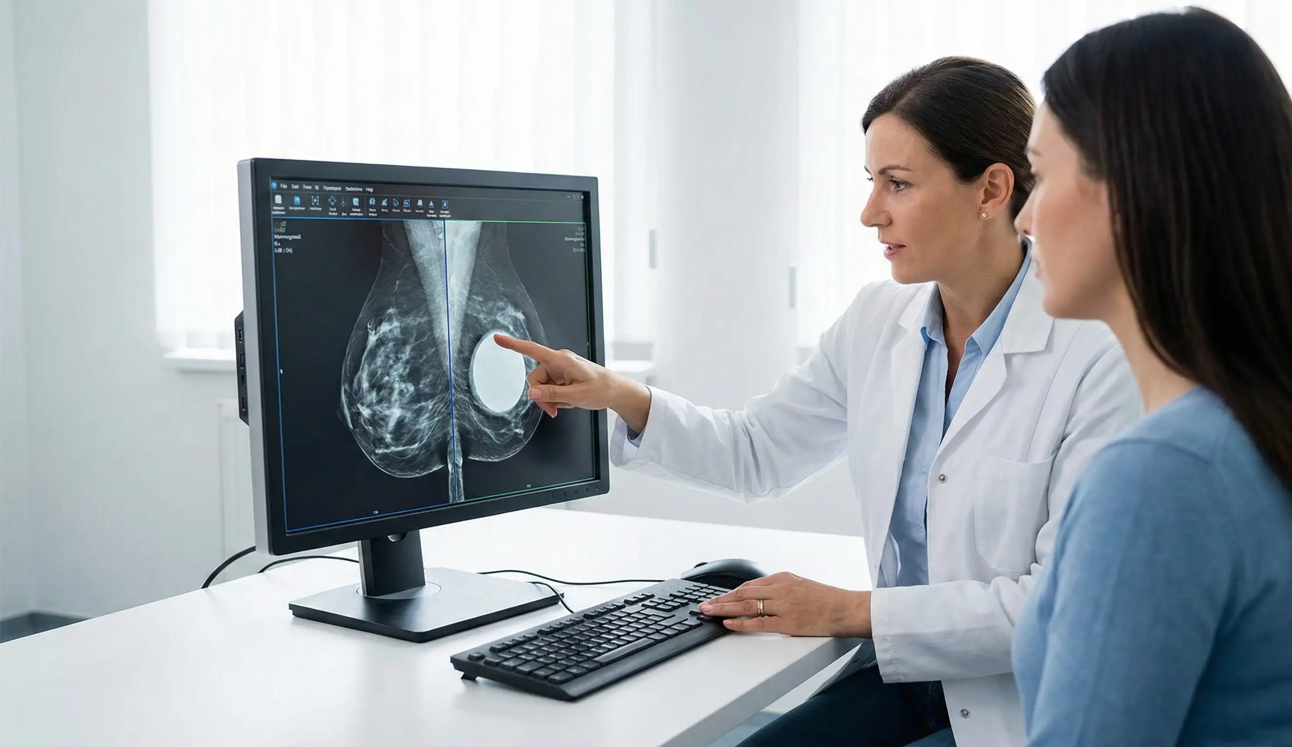 doctor reviewând rezultatele mamografiei cu implant mamar