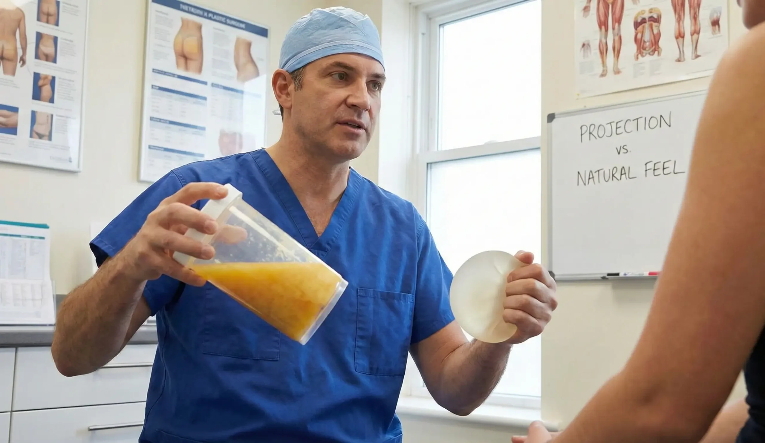 surgeon comparing buttock implant vs fat canister