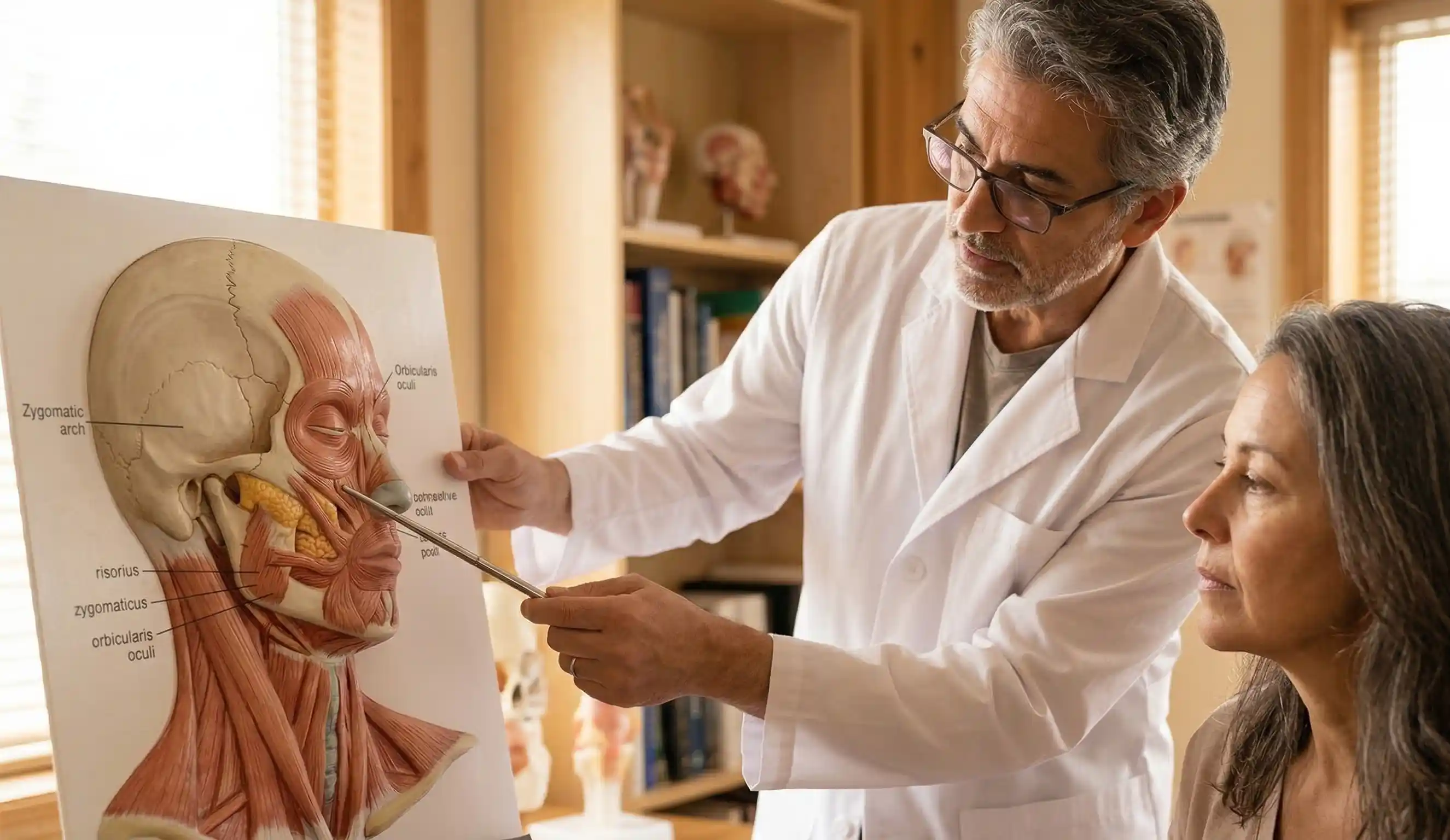 doctor pointing mid face anatomical model
