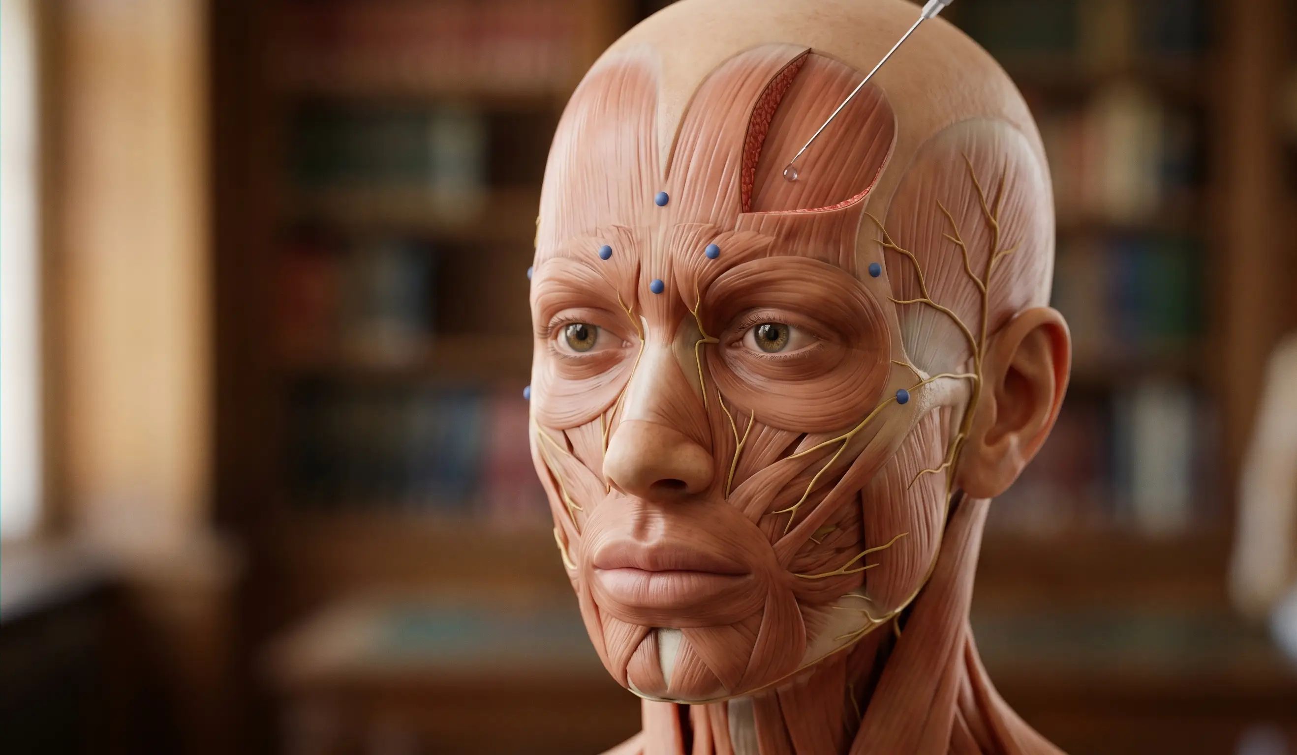 anatomical model of facial muscles and botox injection points
