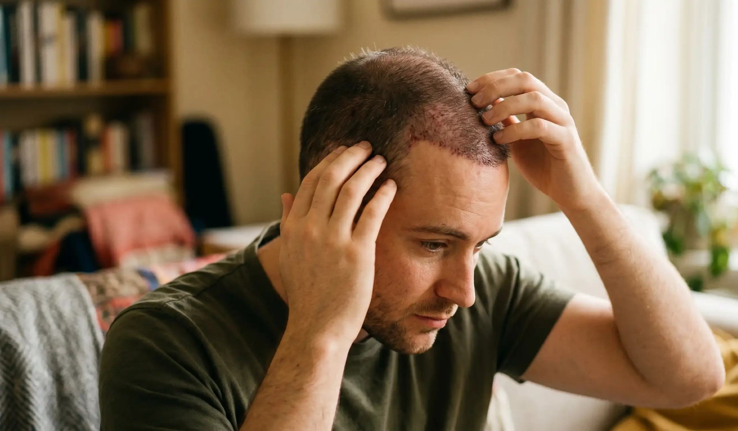 man gently touching his head one month after hair transplant