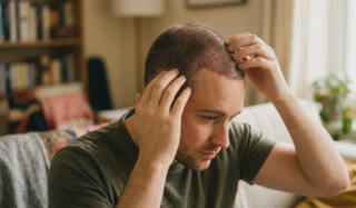 man gently touching his head one month after hair transplant