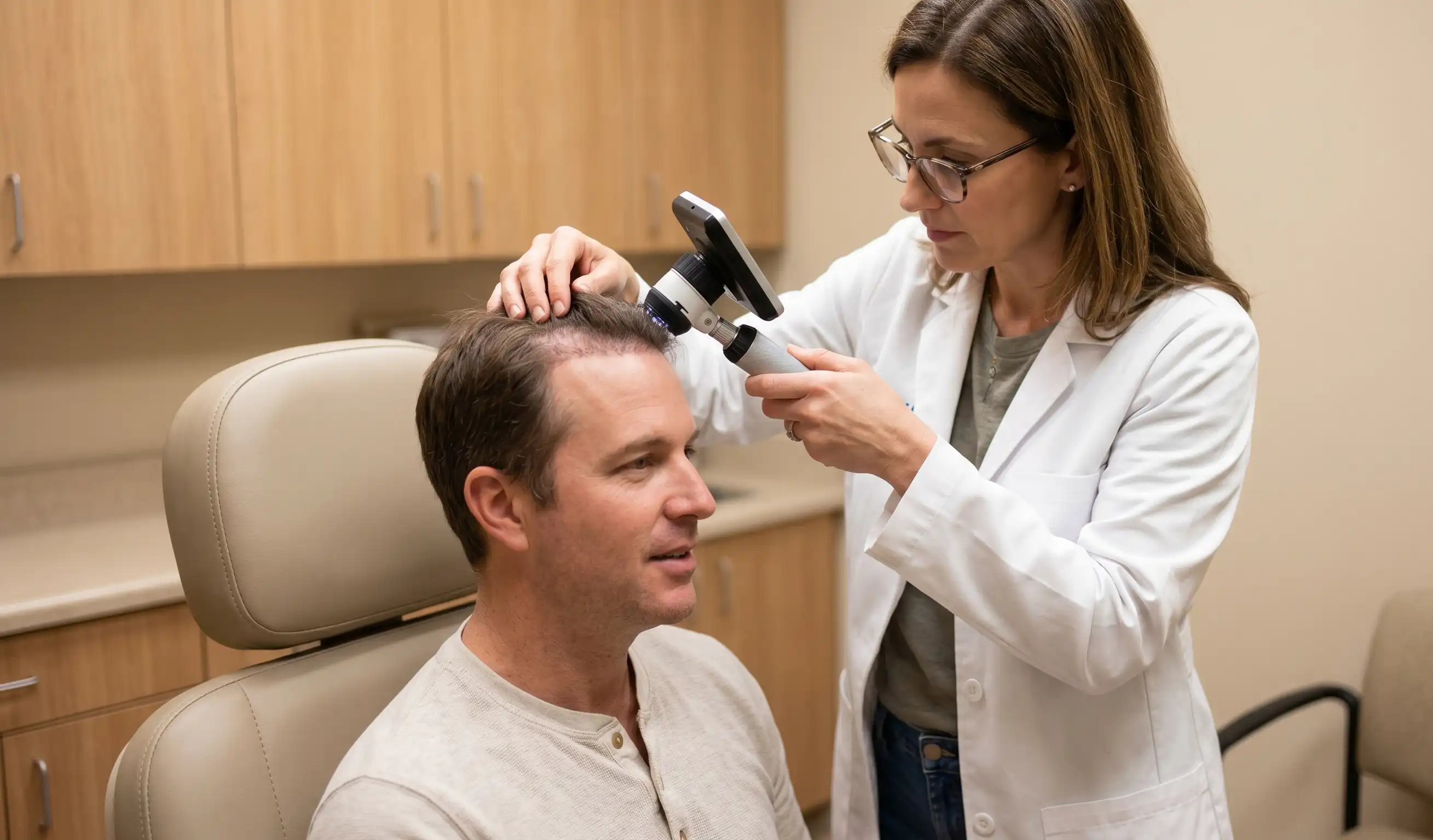 doctor checking patient hair transplant condition