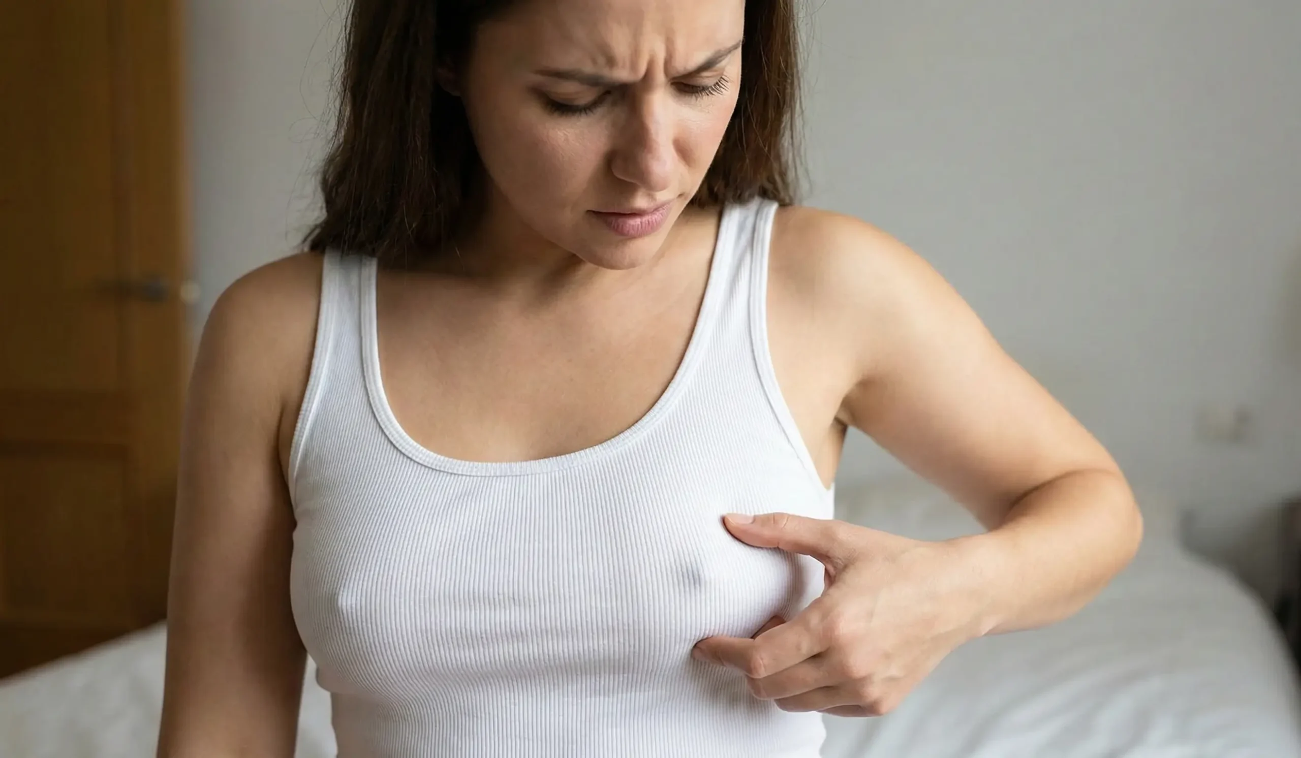 woman performing nipple pinch test inverted crater