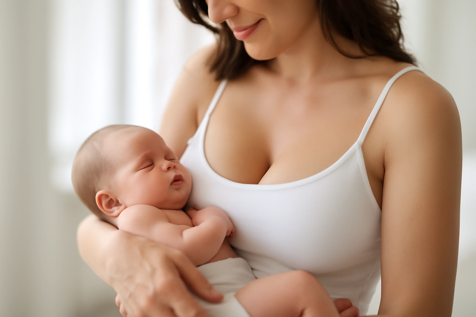 paziente che tiene in braccio il suo bambino dopo l'intervento di protesi al seno