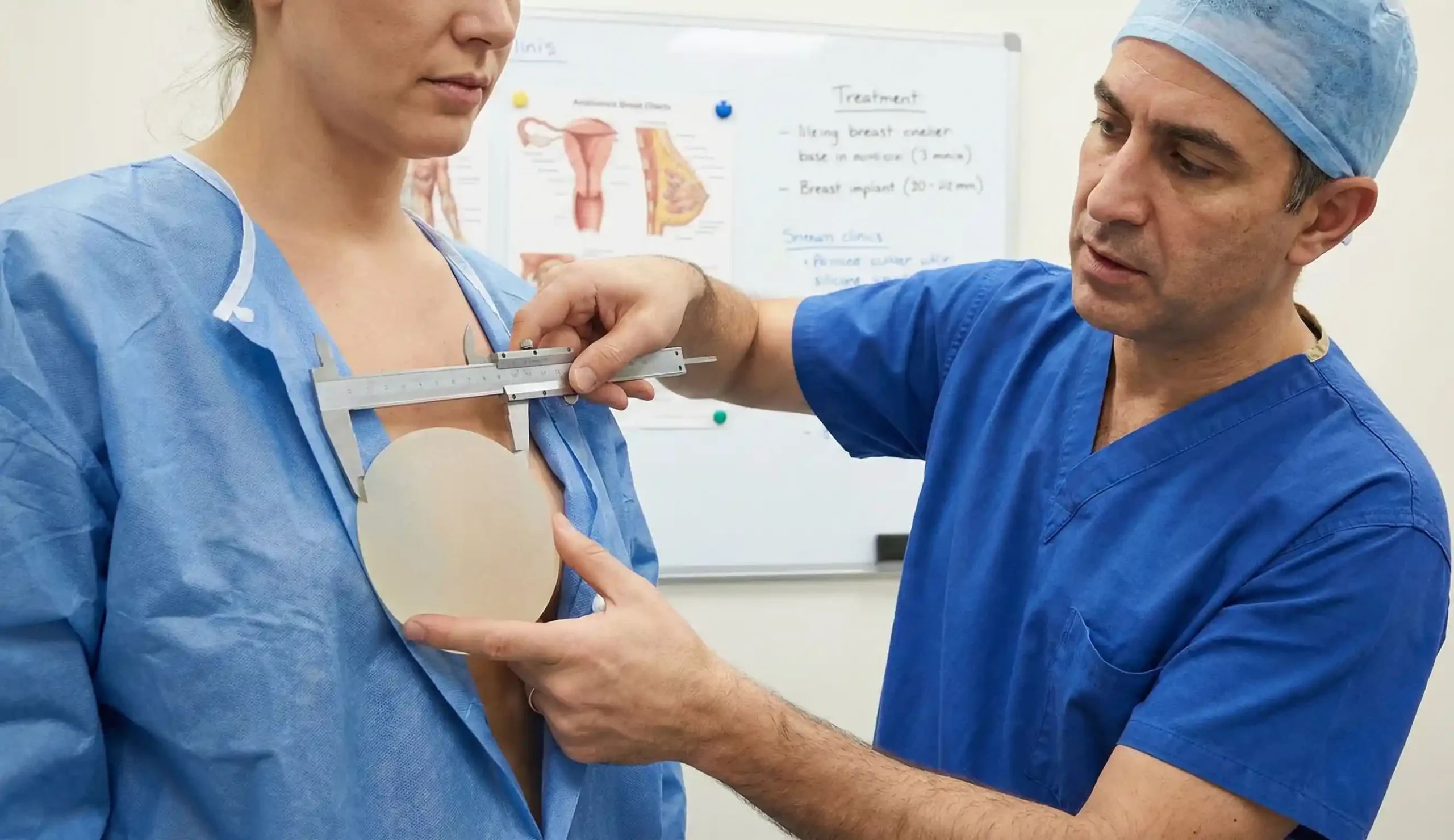 surgeon measuring breast base width vs implant diameter