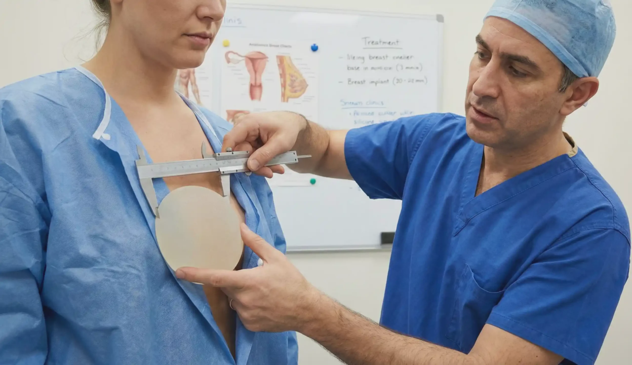surgeon measuring breast base width vs implant diameter