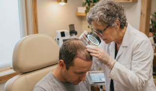doctor checking graft health with a loupe on patient