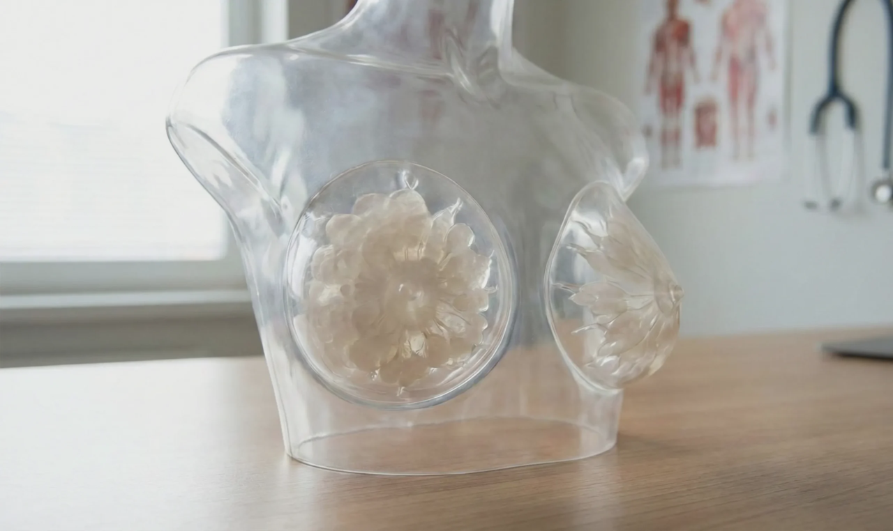anatomical model showing breast hypertrophy tissue