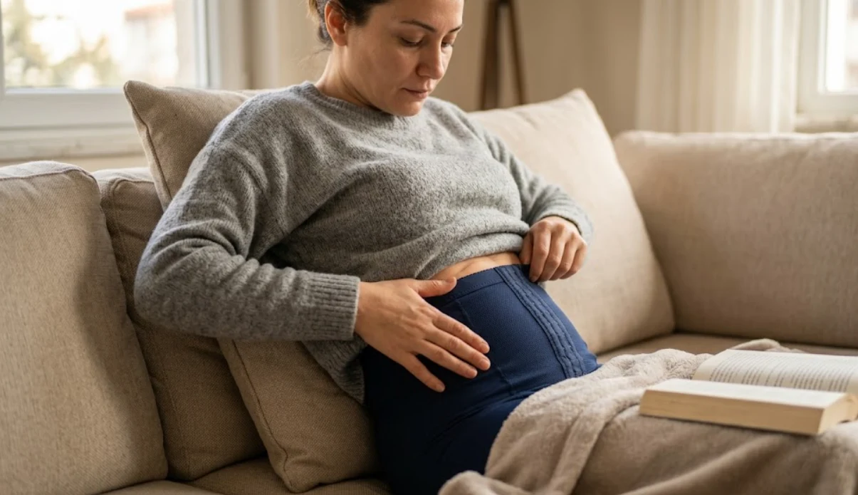 woman resting at home wearing compression garment after liposuction