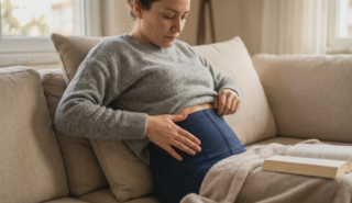 woman resting at home wearing compression garment after liposuction