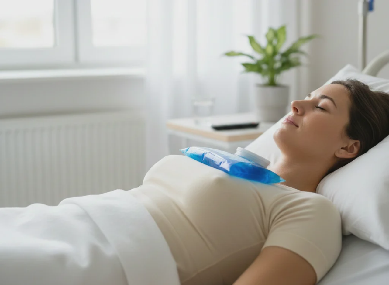 patient resting after breast surgery ice pack recovery