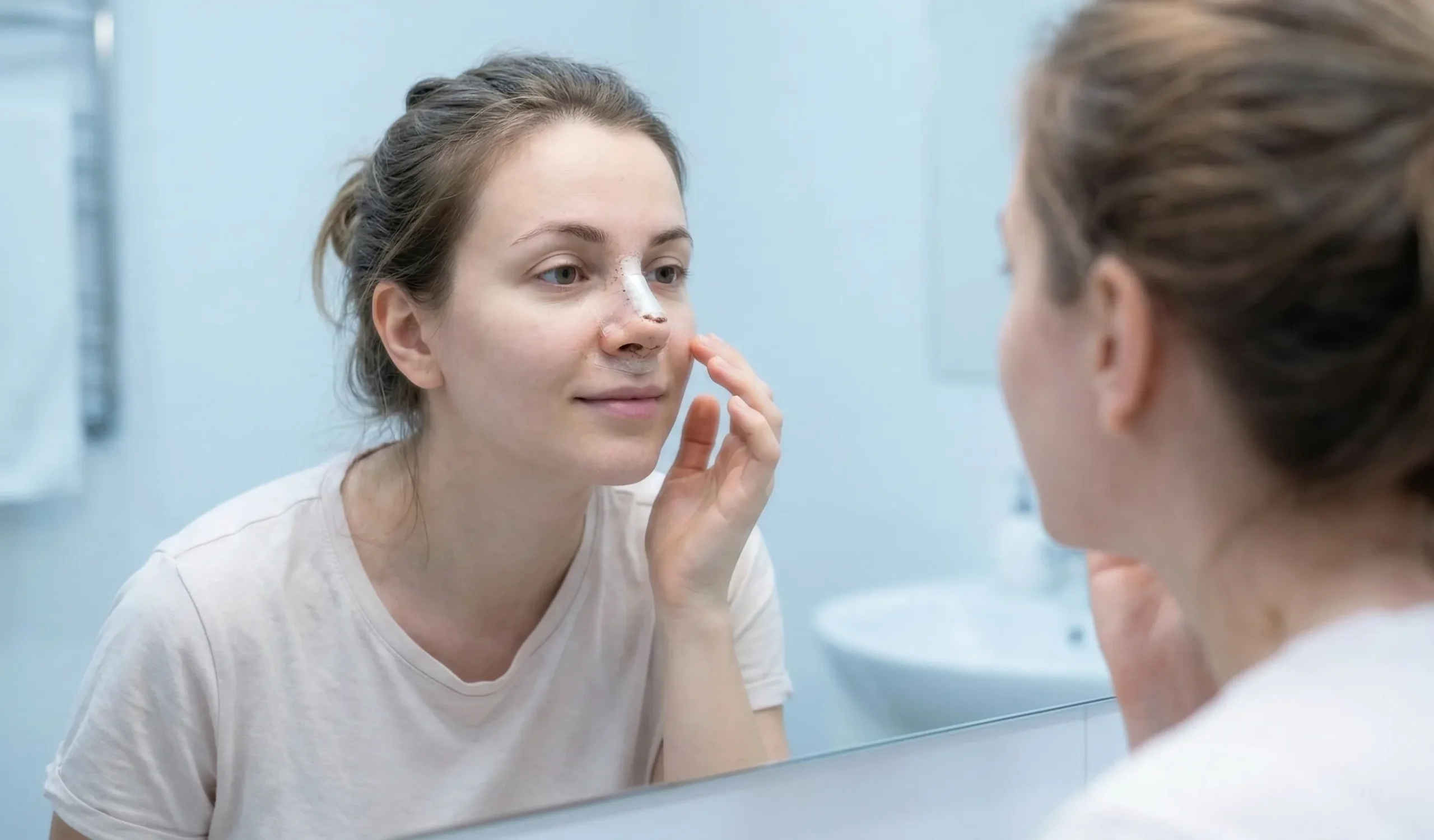 rhinoplasty patient mirror reflection