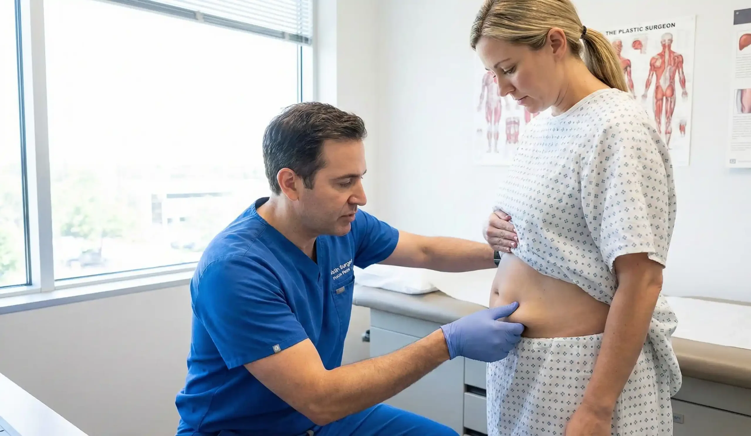 plastic surgeon performing abdominal skin laxity test
