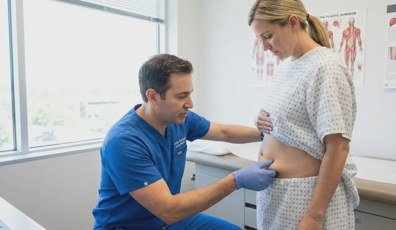 plastic surgeon performing abdominal skin laxity test