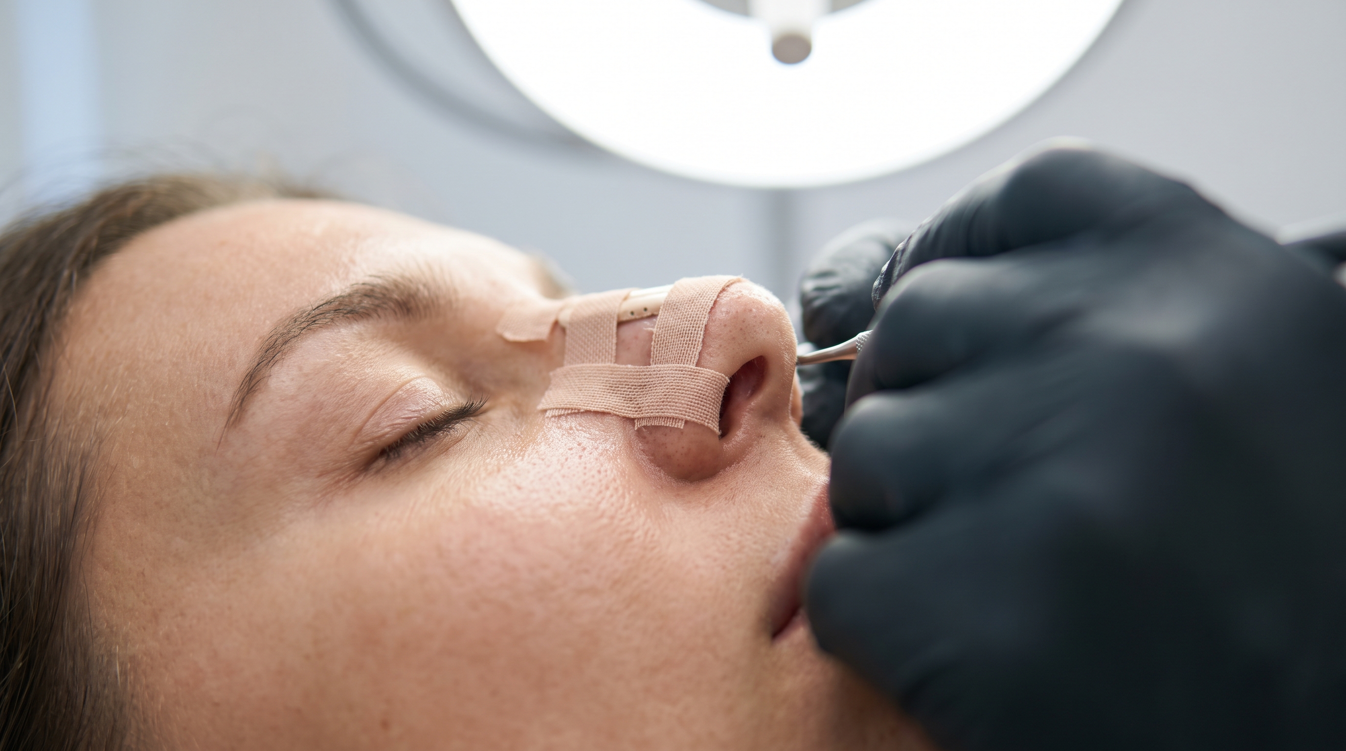 Surgically taped nose after rhinoplasty, supporting healing and minimizing swelling during recovery.