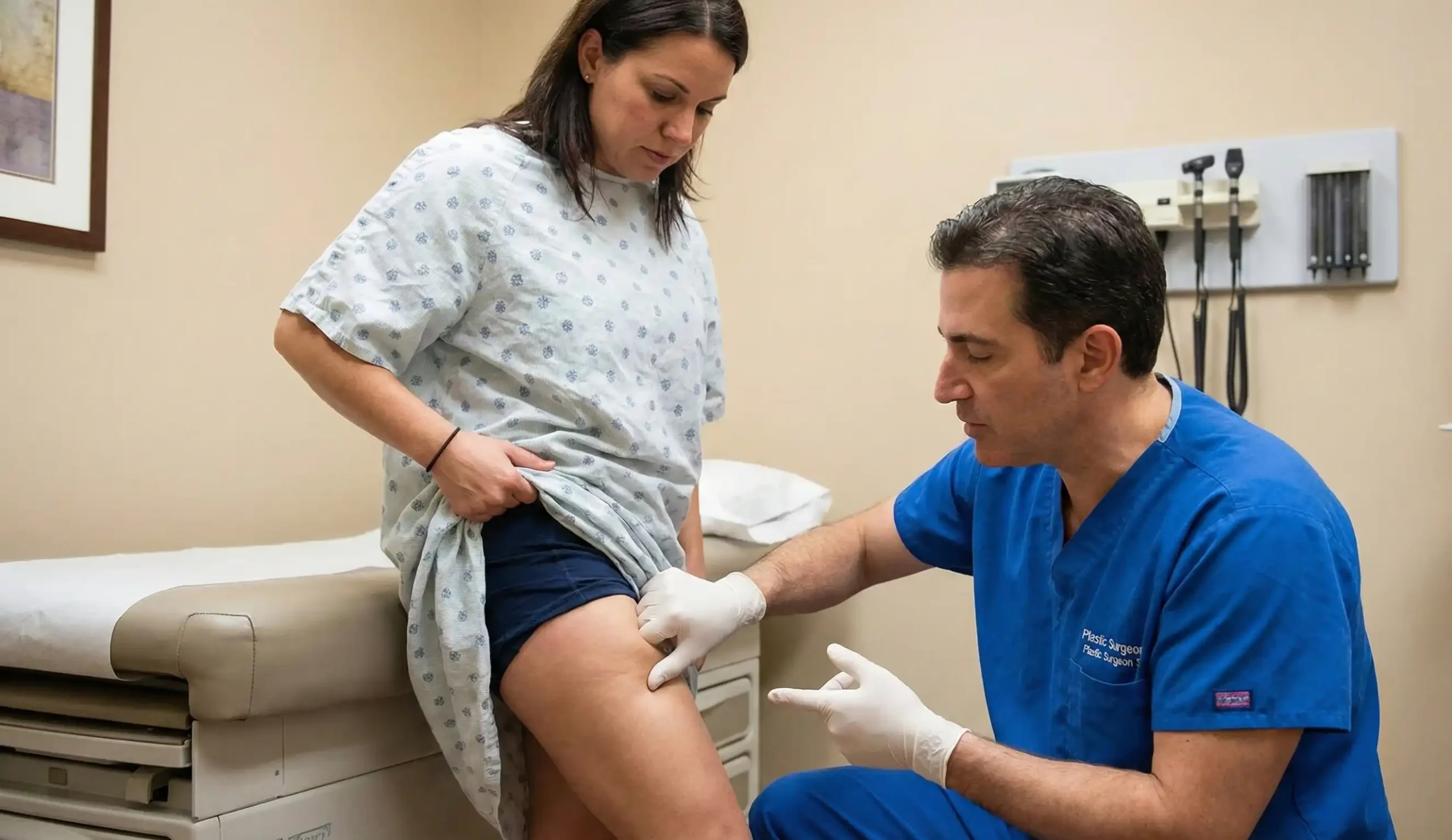 plastic surgeon checking pitting edema on patient thigh