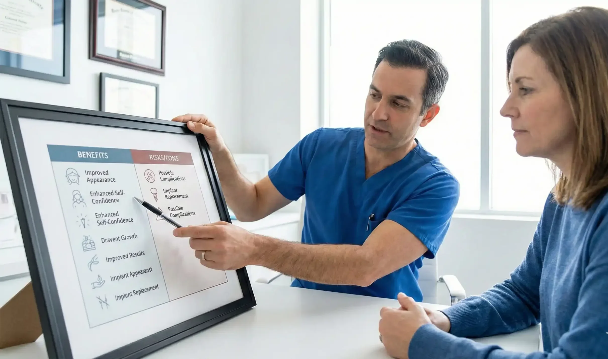surgeon explaining breast implant pros and cons chart