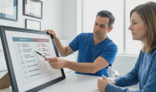 surgeon explaining breast implant pros and cons chart