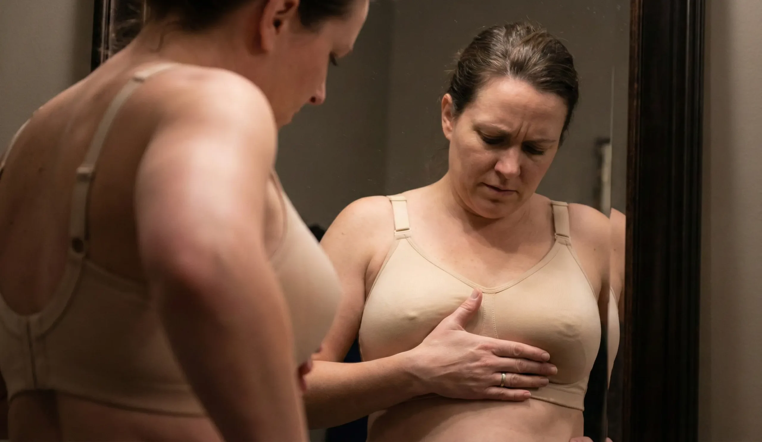woman in support bra demonstrating inframammary fold shelf
