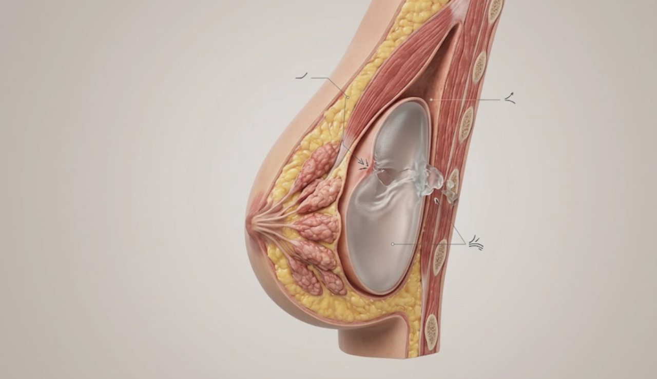 anatomical render silicone implant leak pathway