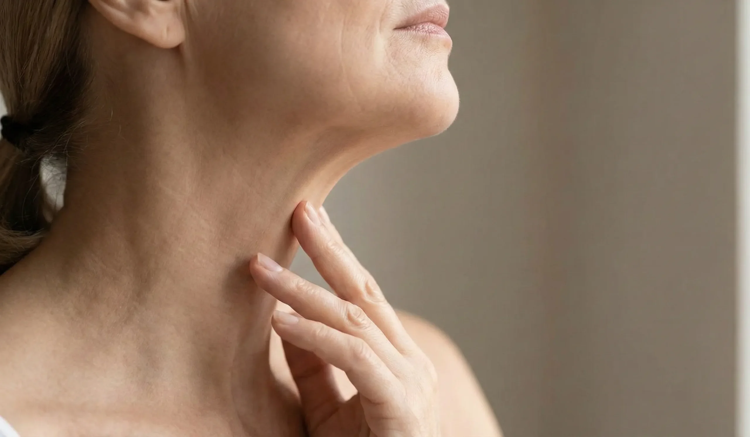 mature woman touching neck natural light