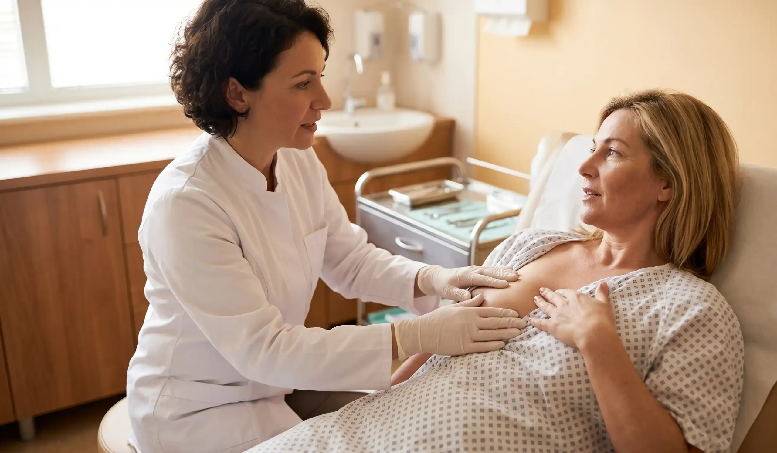 doctor examining patients breast tissue