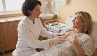 doctor examining patients breast tissue