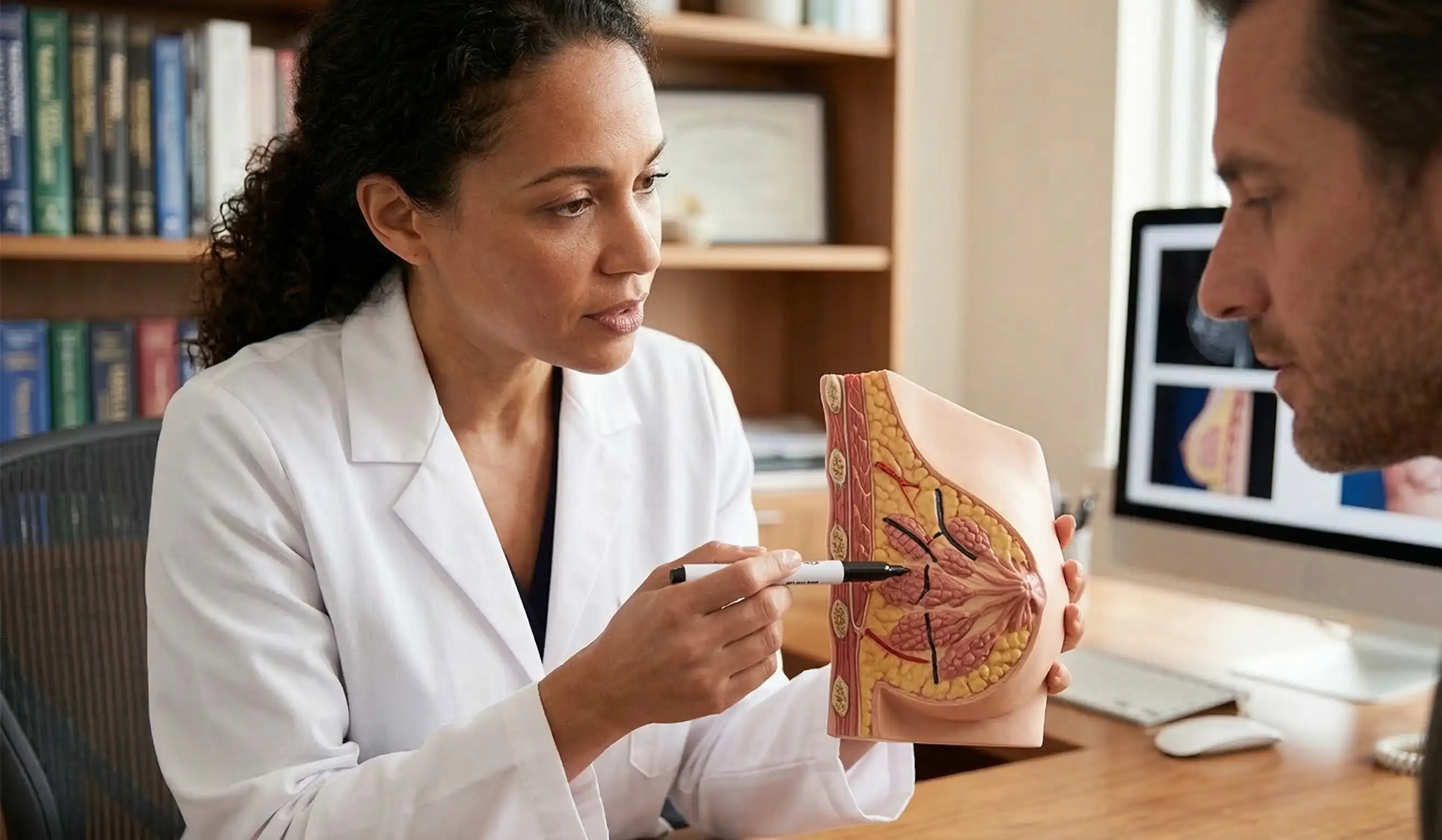 anatomical model breast lift surgeon pointing