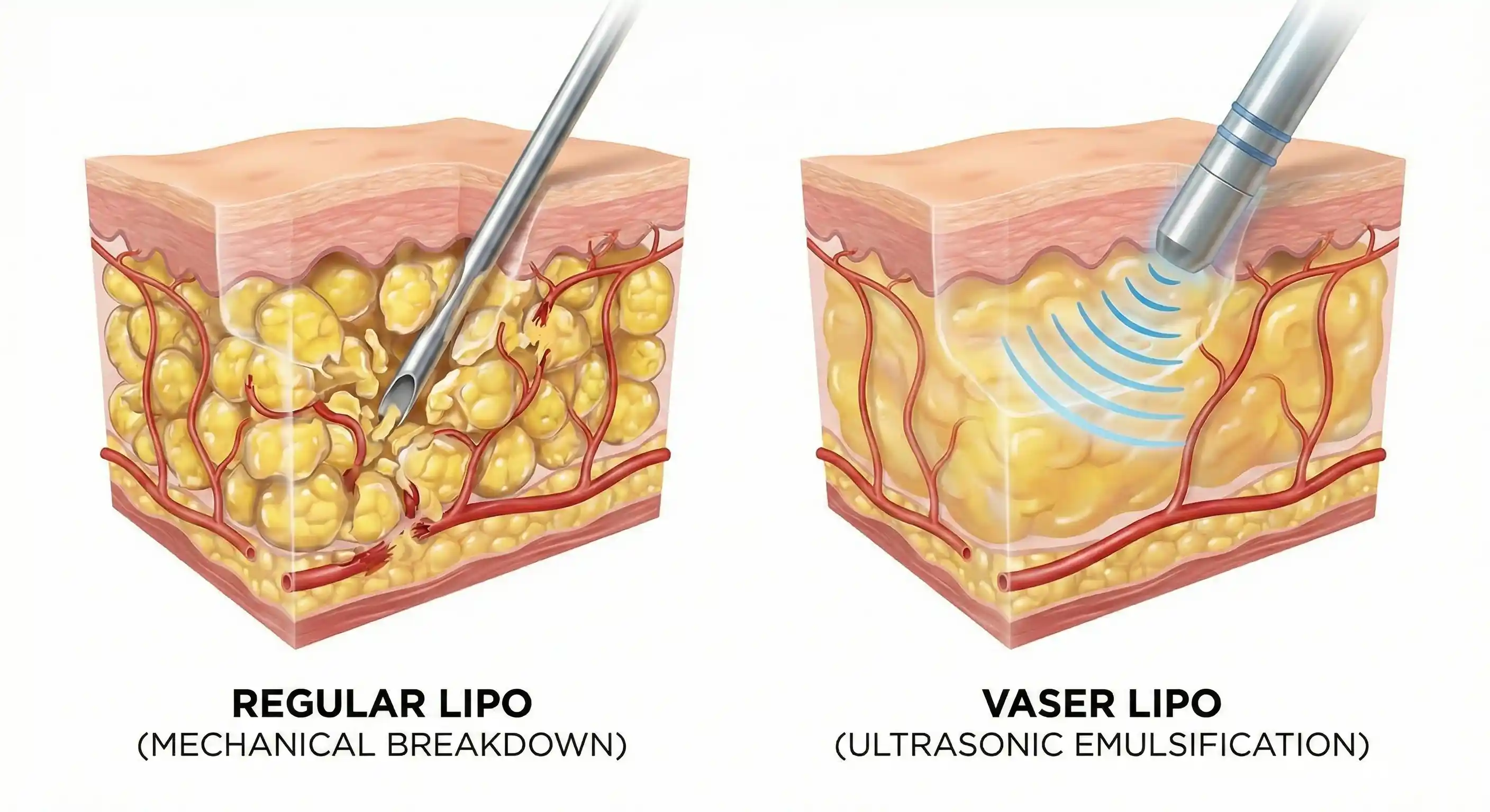 diagrama anatomică: descompunerea grăsimii mecanic vs emulsificarea cu ultrasunete
