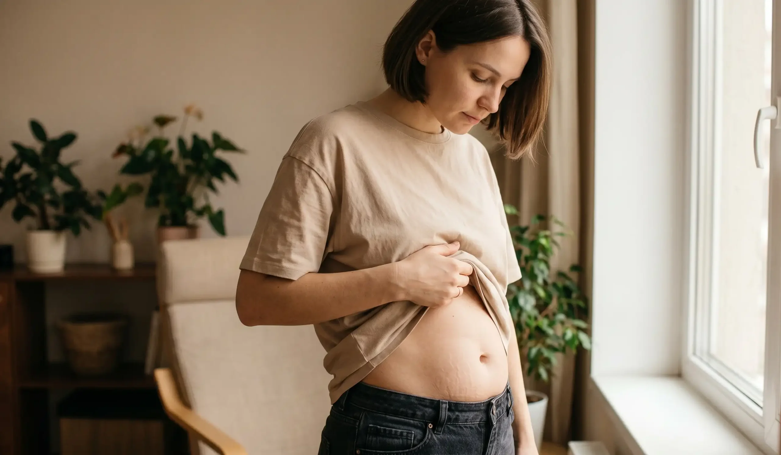 woman inspecting loose stomach skin after pregnancy