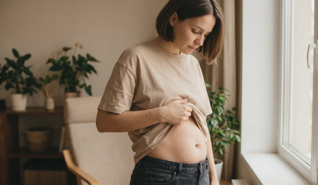 woman inspecting loose stomach skin after pregnancy