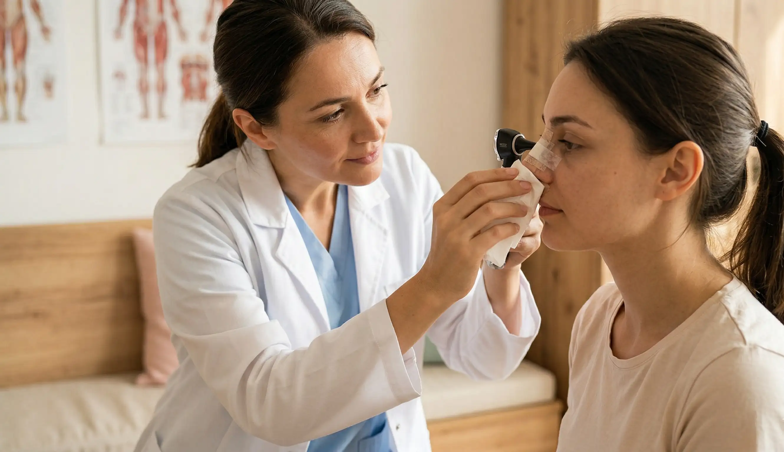 doctor examining nasal drip after rhinoplasty