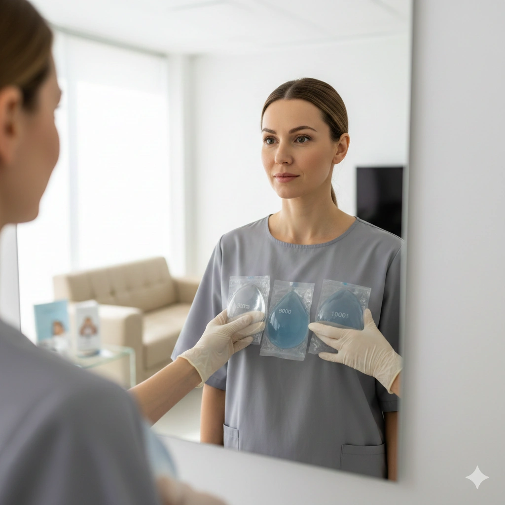 pacient care se uită la diferite mărimi de implanturi mamare