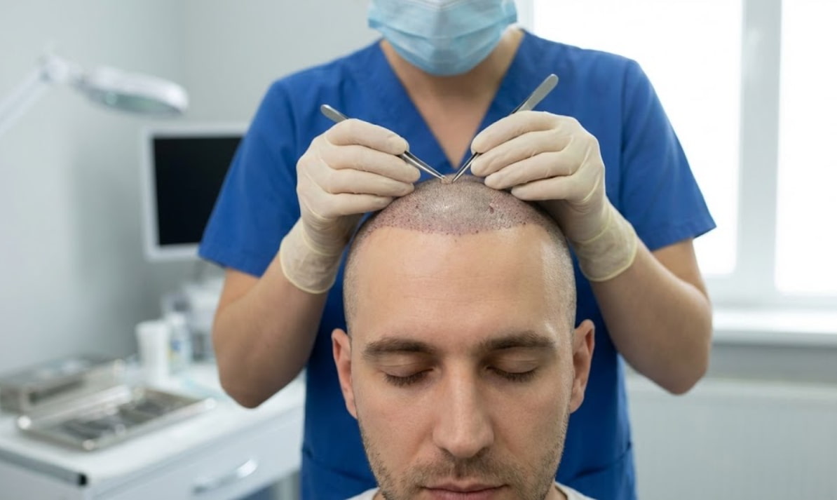 hair transplant procedure front view close up surgeon hands