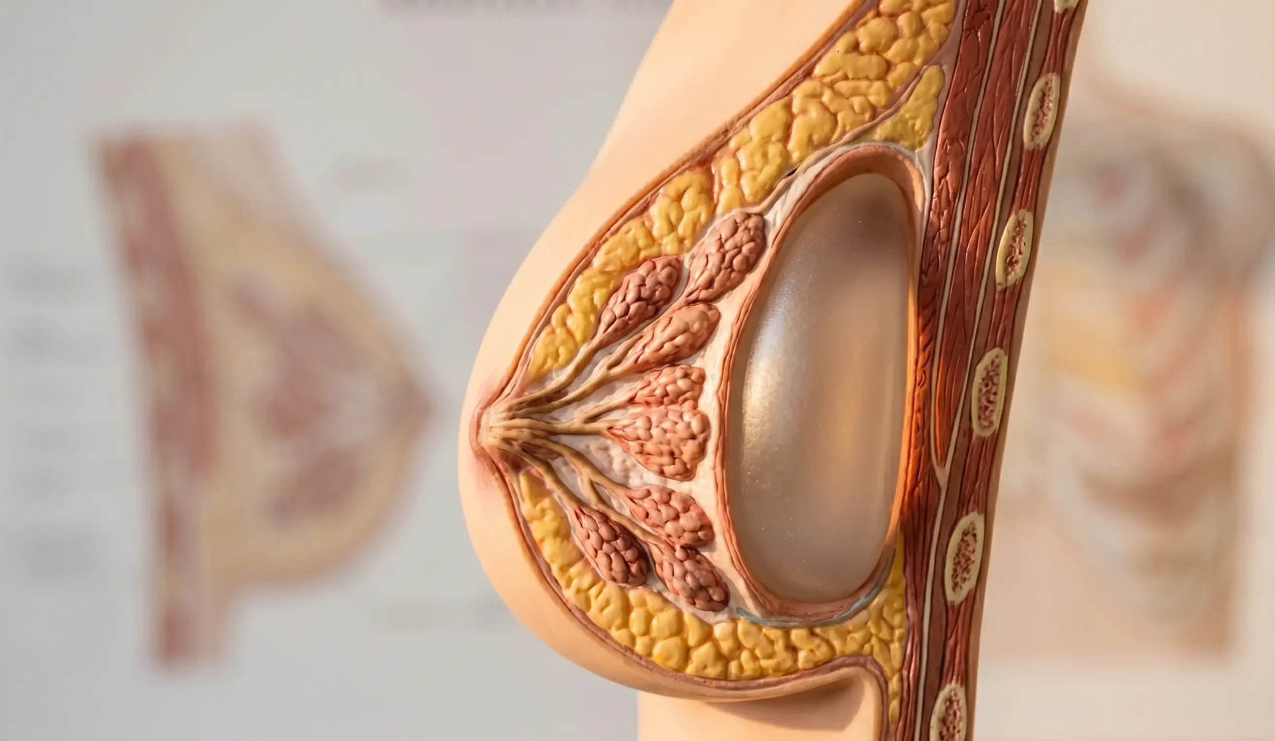 3d anatomical cross section breast with implant and glandular tissue