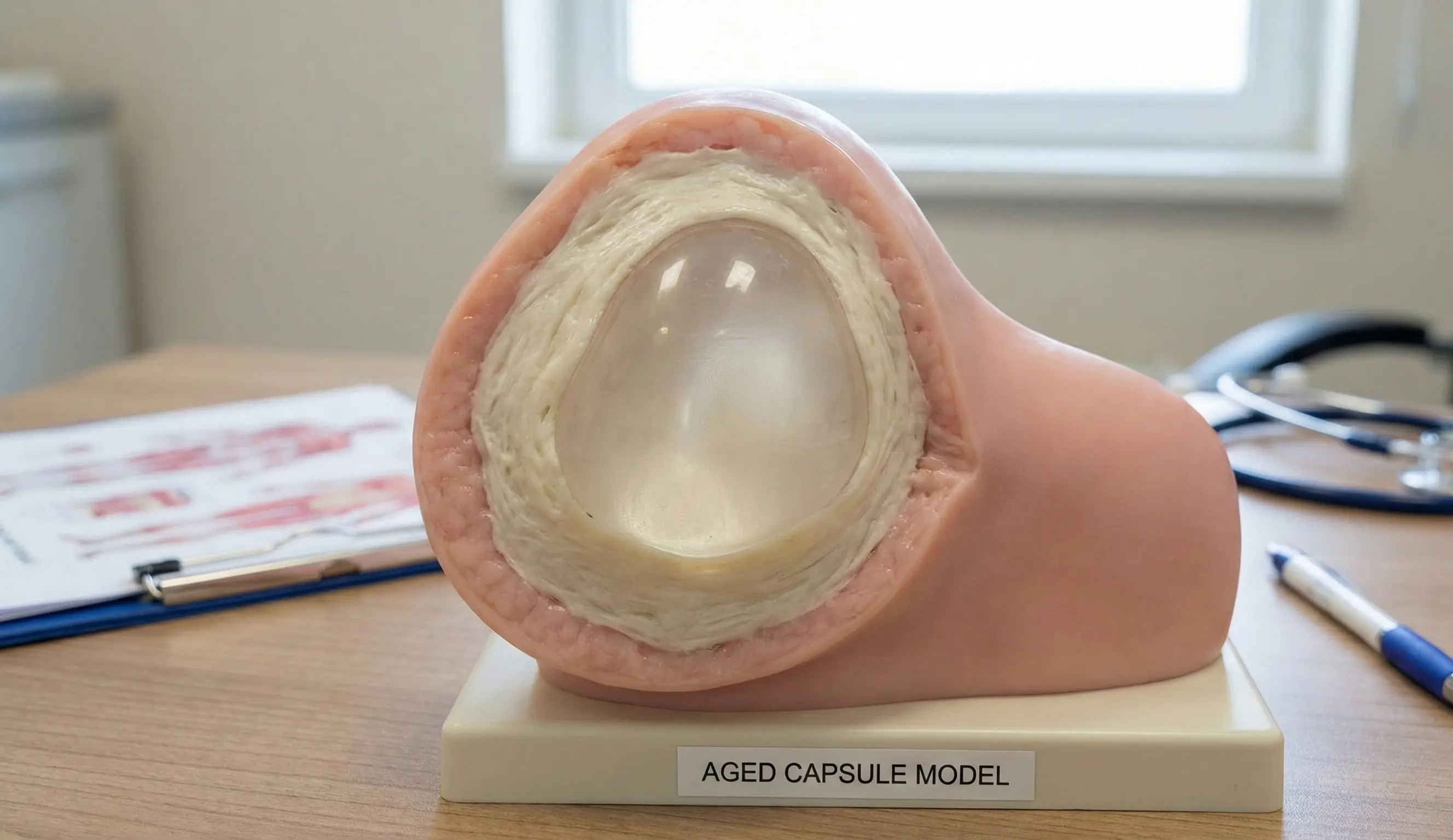 modello di sezione anatomica che mostra una spessa capsula fibrosa intorno all’impianto