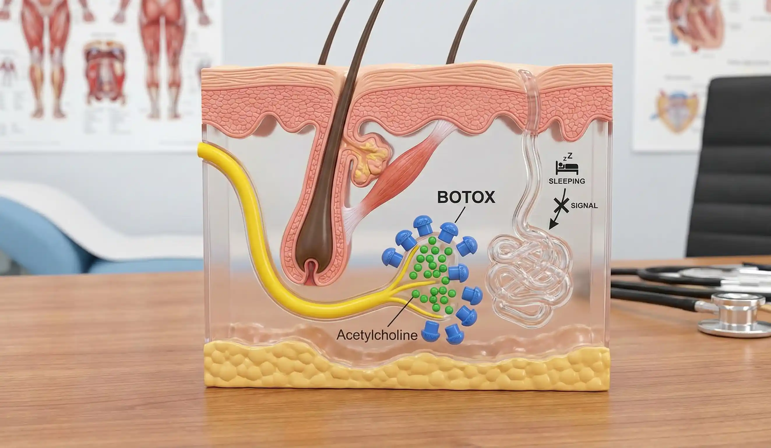 anatomical skin model botox signal blockade sweat gland